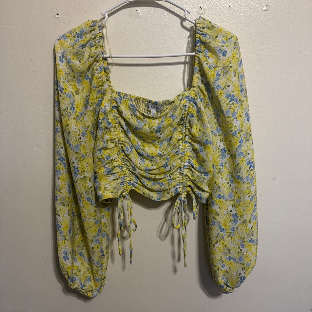 Kit Sky Long Sleeve Crop Floral Blouse Preppy Boho Juniors Size L